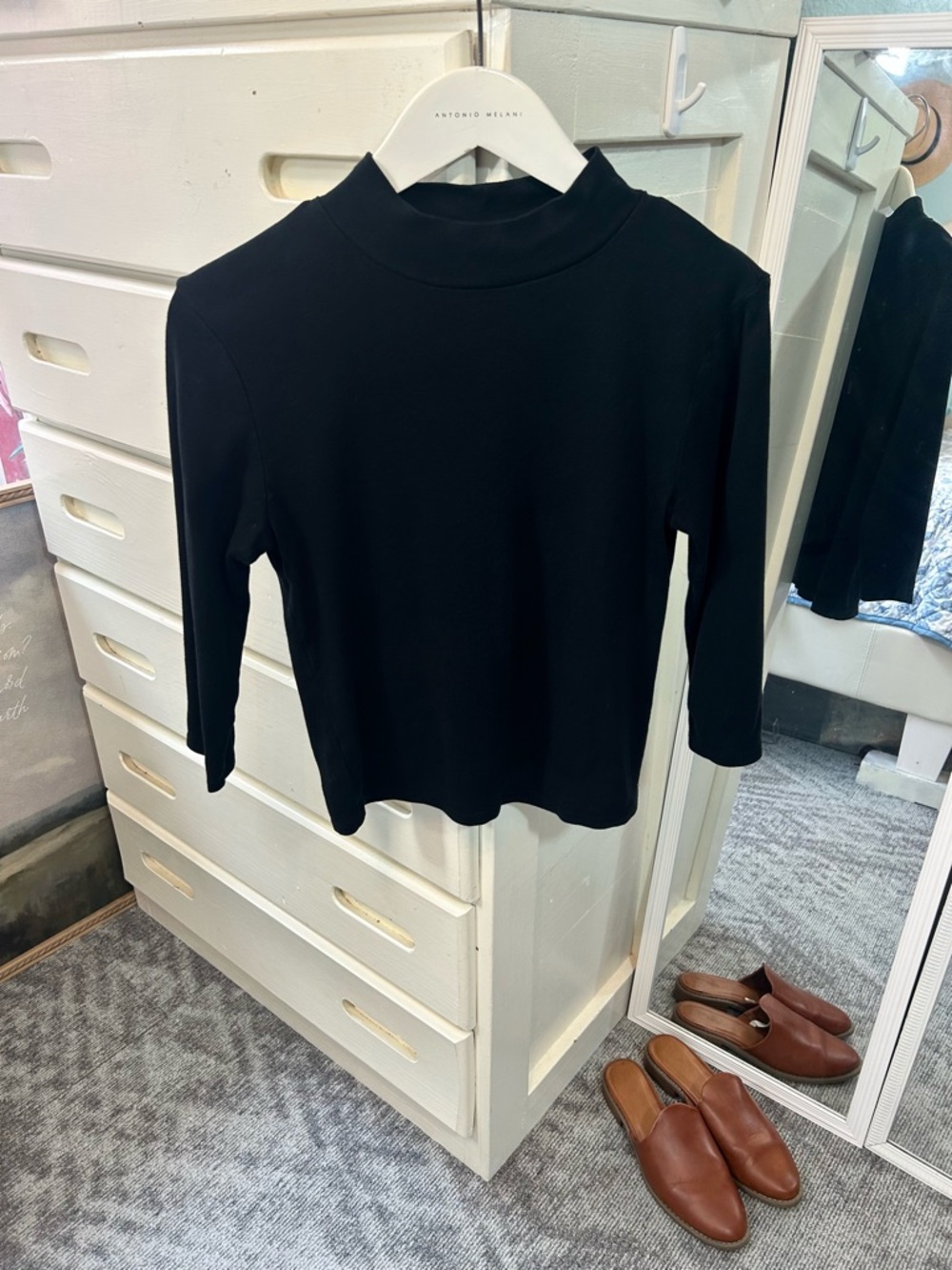 Black 100% Cotton Mock Neck Turtle High Crew Stretch 3/4 Sleeve Classic Top✨